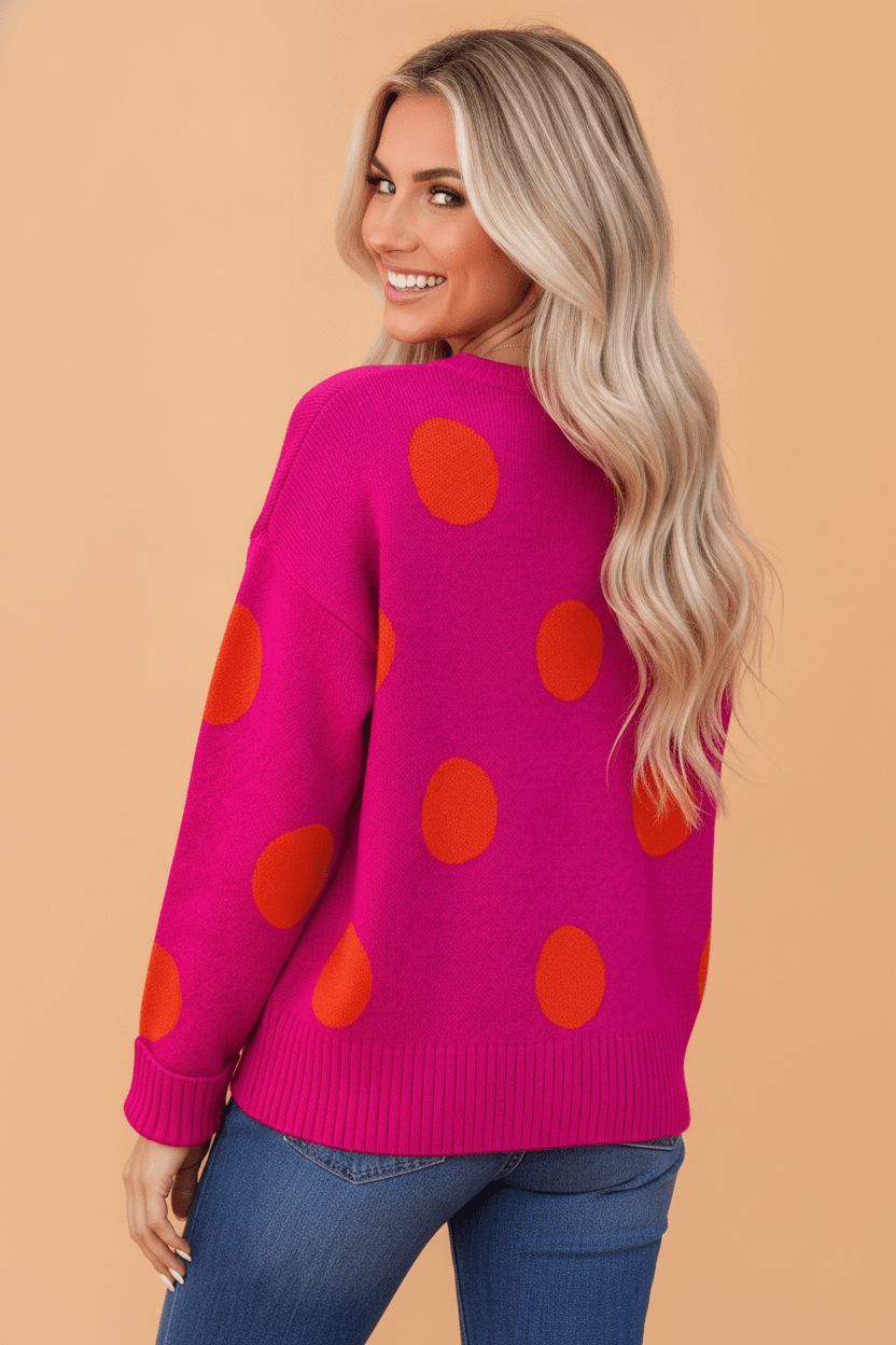 Polka Dot Ribbed Trim Round Neck Sweater - Rooted & Reckless Co.