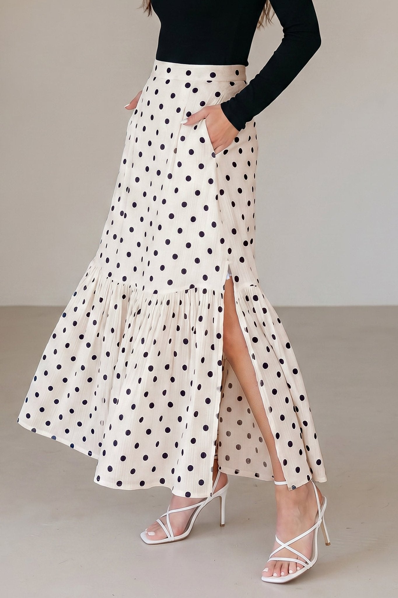 Polka Dot Ruffle Side Slit Maxi Skirt - Rooted & Reckless Co.