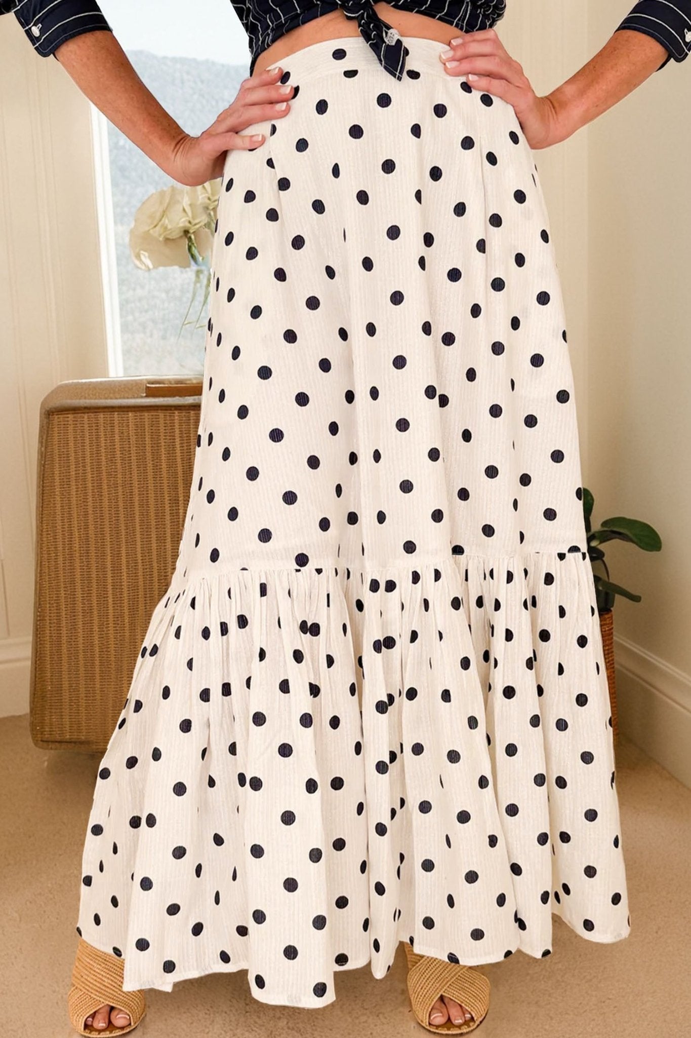 Polka Dot Ruffle Side Slit Maxi Skirt - Rooted & Reckless Co.