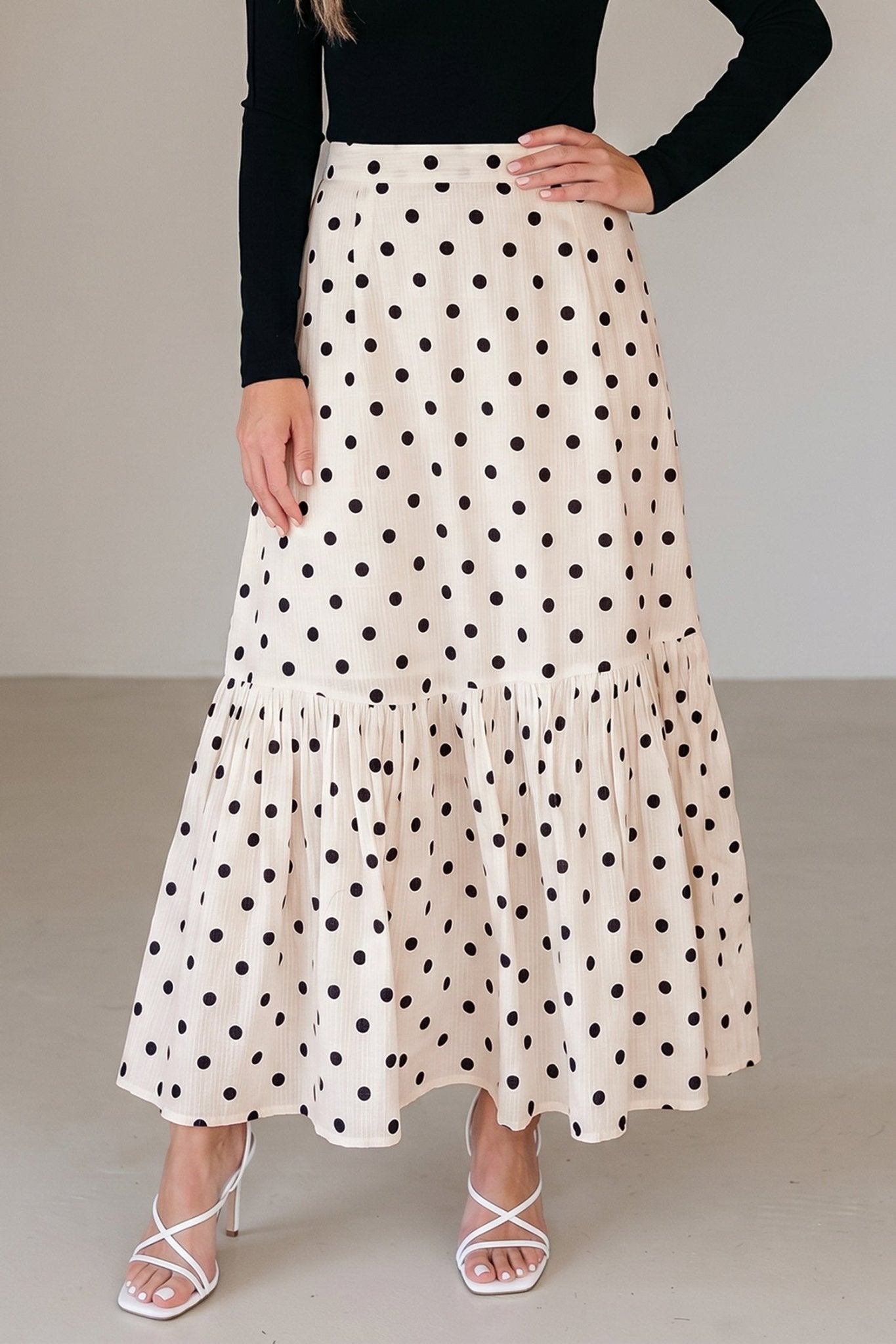 Polka Dot Ruffle Side Slit Maxi Skirt - Rooted & Reckless Co.