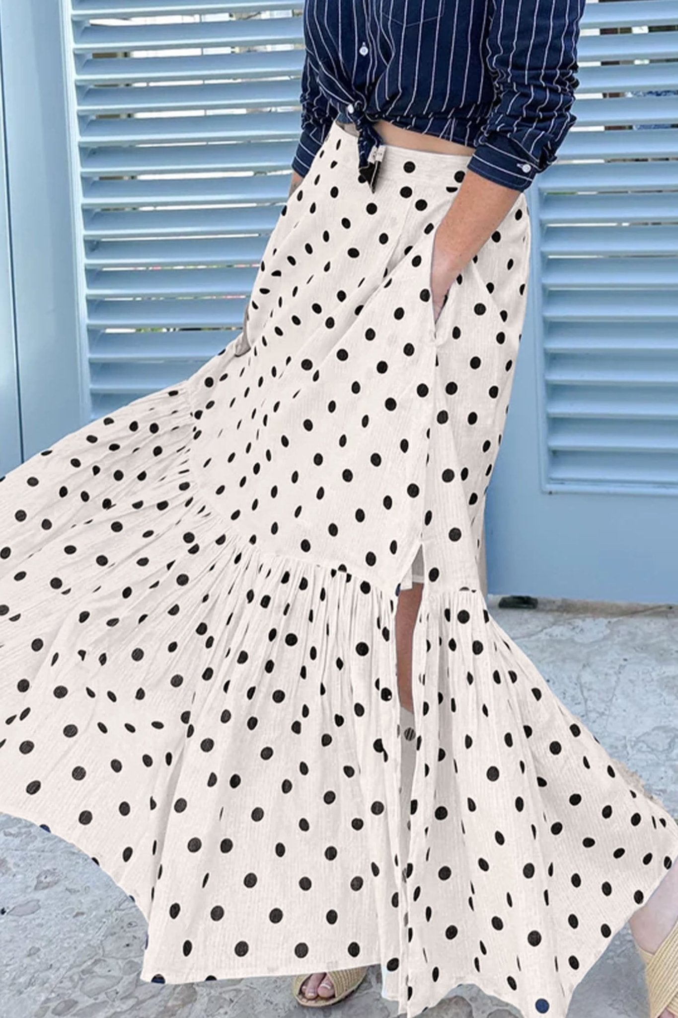 Polka Dot Ruffle Side Slit Maxi Skirt - Rooted & Reckless Co.
