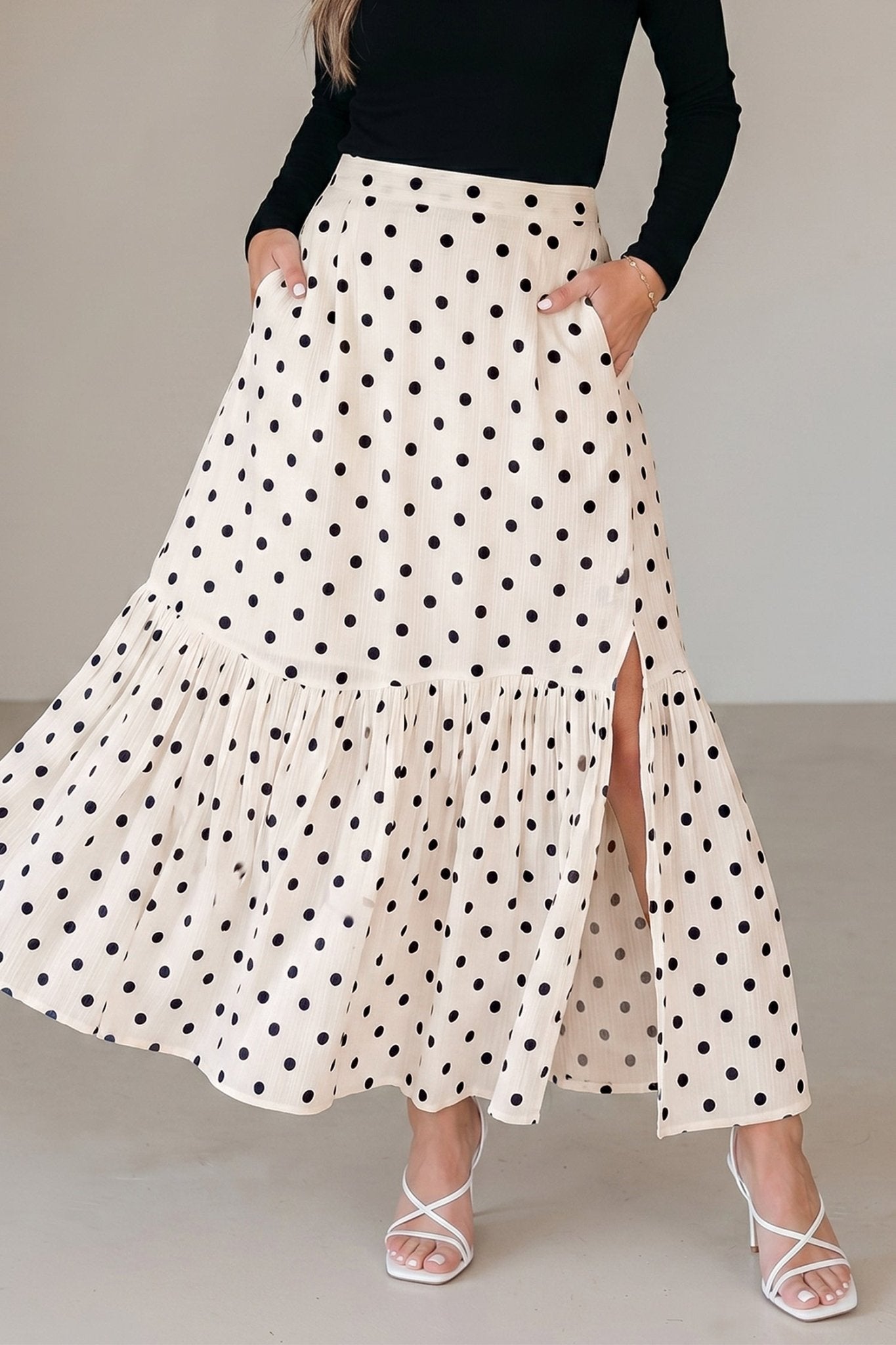 Polka Dot Ruffle Side Slit Maxi Skirt - Rooted & Reckless Co.