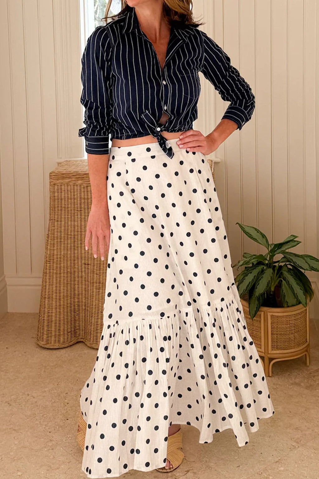 Polka Dot Ruffle Side Slit Maxi Skirt - Rooted & Reckless Co.