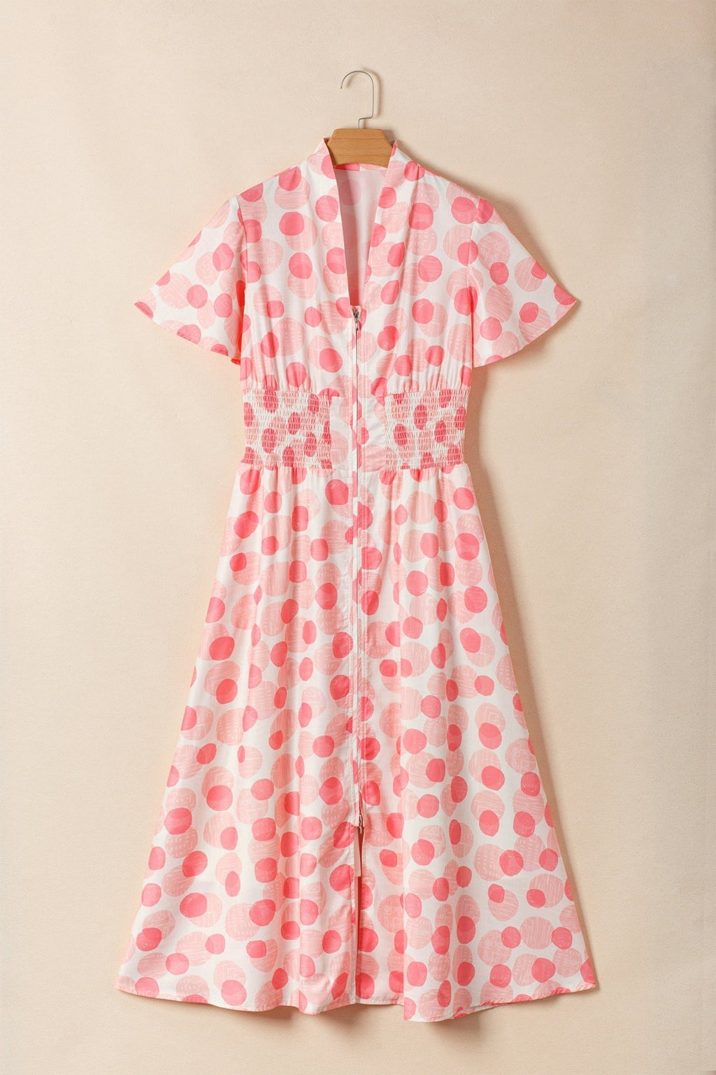 Polka Dot Ruffle Zip Up Short Sleeve Midi Dress - Rooted & Reckless Co.