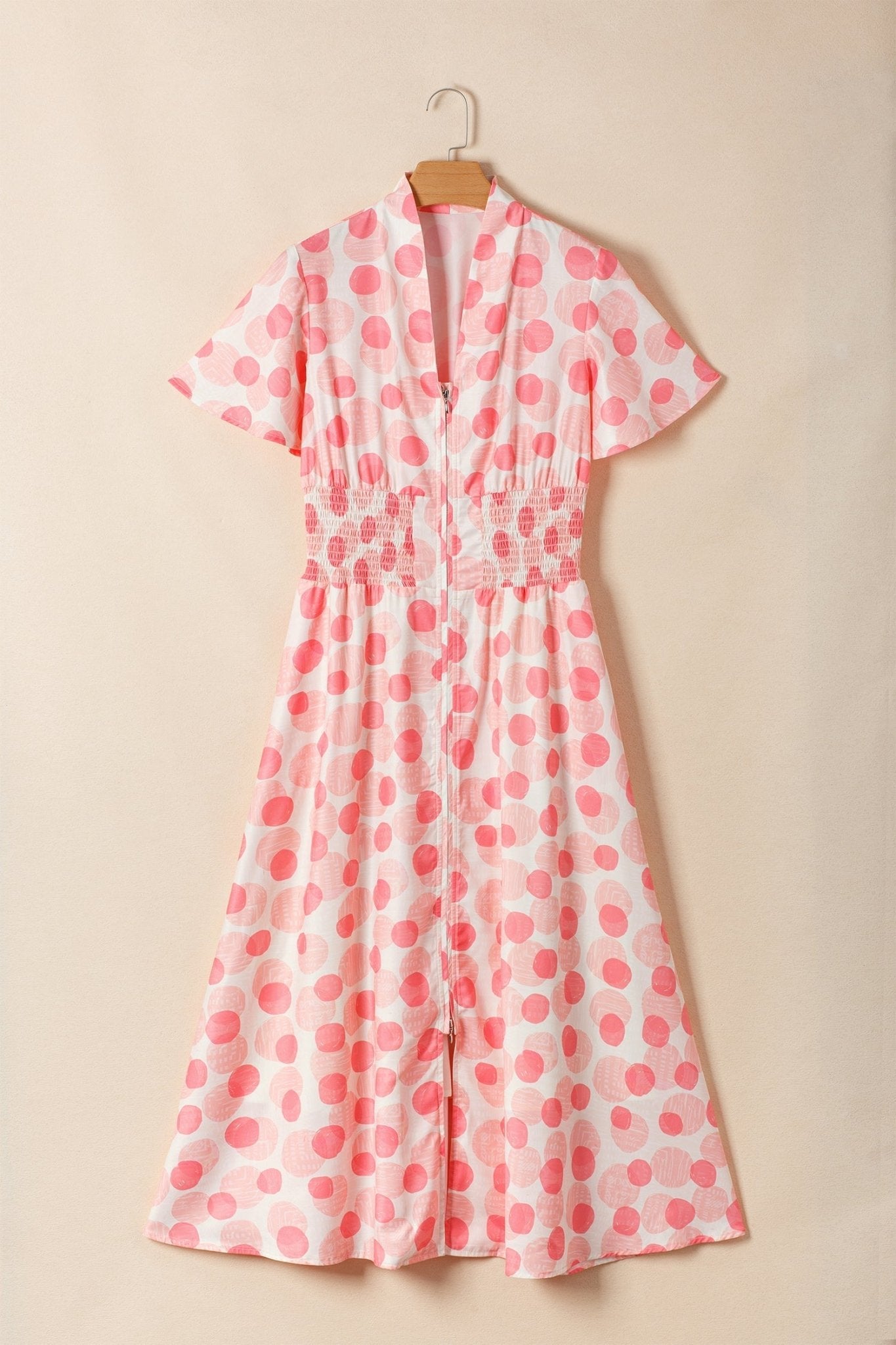 Polka Dot Ruffle Zip Up Short Sleeve Midi Dress - Rooted & Reckless Co.