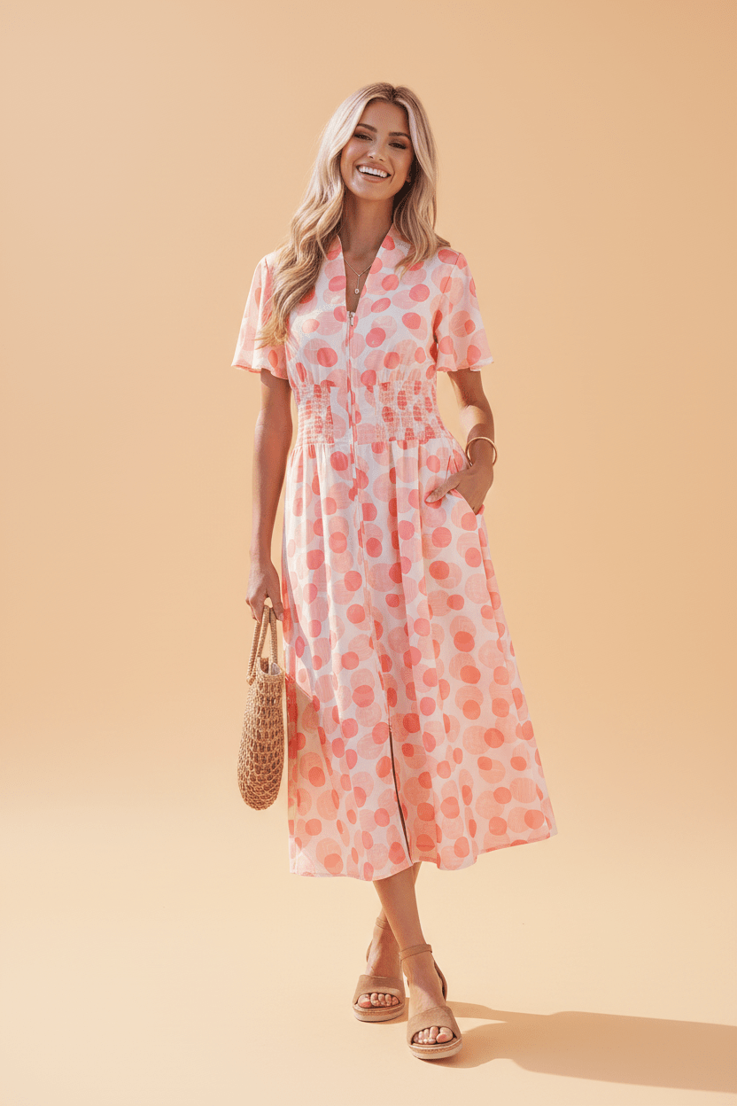 Polka Dot Ruffle Zip Up Short Sleeve Midi Dress - Rooted & Reckless Co.