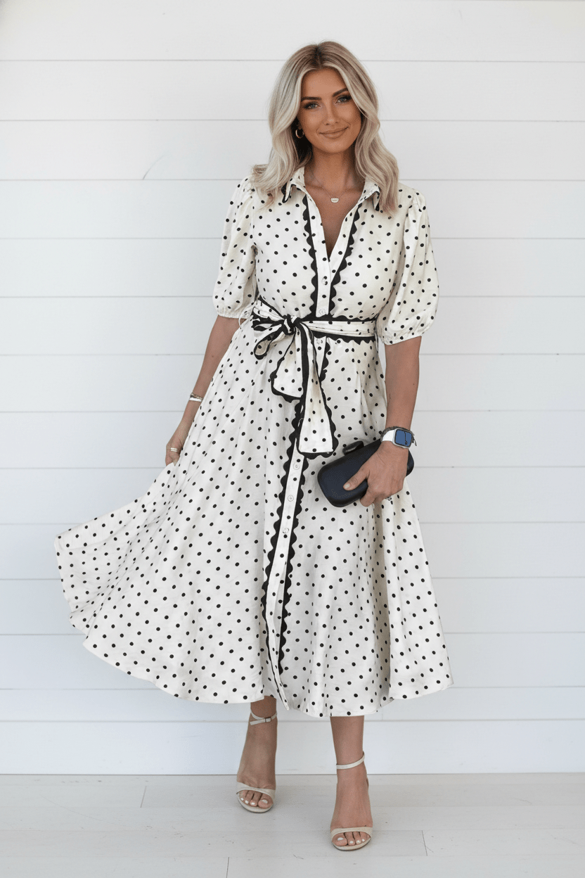 Polka Dot Scallop Trim Button Down Midi Dress - Rooted & Reckless Co.