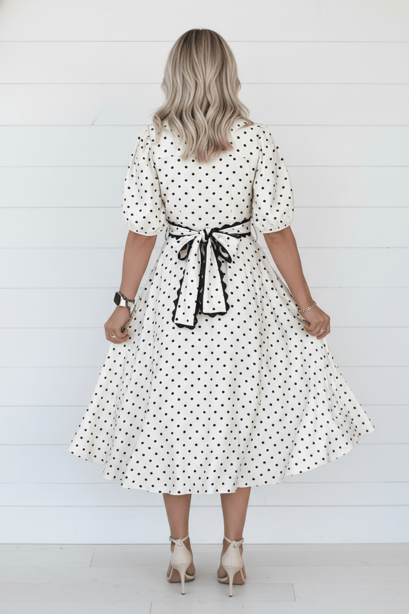 Polka Dot Scallop Trim Button Down Midi Dress - Rooted & Reckless Co.