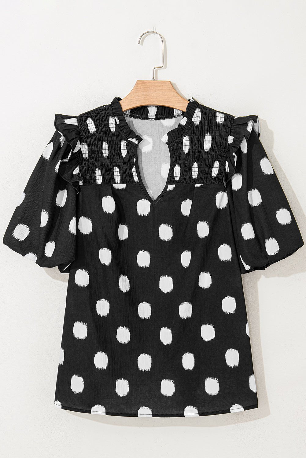 Polka Dot Shirred Notched Neck Balloon Sleeve Blouse - Rooted & Reckless Co.