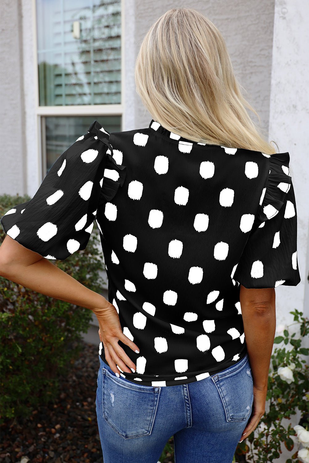 Polka Dot Shirred Notched Neck Balloon Sleeve Blouse - Rooted & Reckless Co.