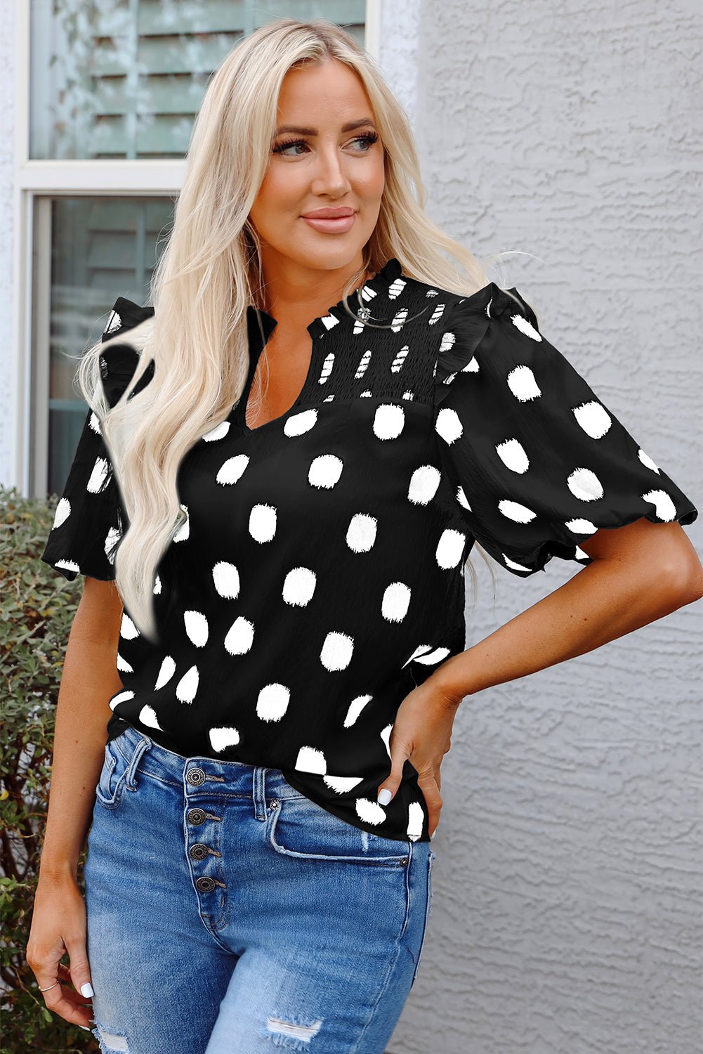 Polka Dot Shirred Notched Neck Balloon Sleeve Blouse - Rooted & Reckless Co.