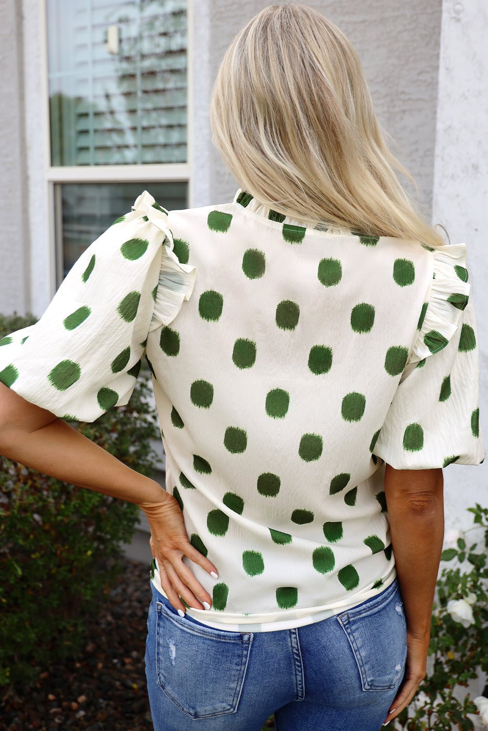 Polka Dot Shirred Notched Neck Balloon Sleeve Blouse - Rooted & Reckless Co.