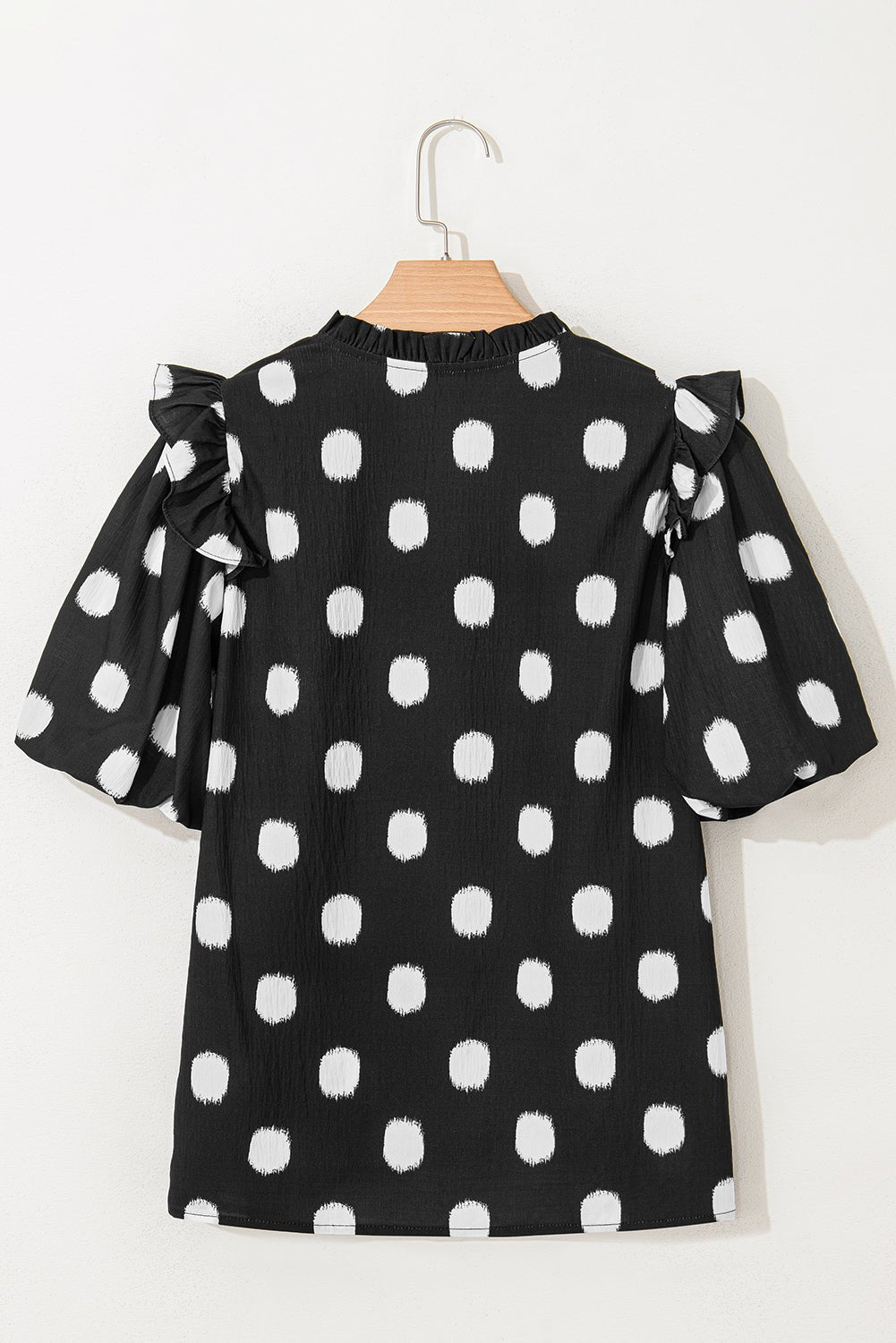 Polka Dot Shirred Notched Neck Balloon Sleeve Blouse - Rooted & Reckless Co.
