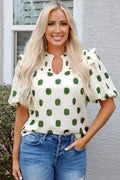 Polka Dot Shirred Notched Neck Balloon Sleeve Blouse - Rooted & Reckless Co.