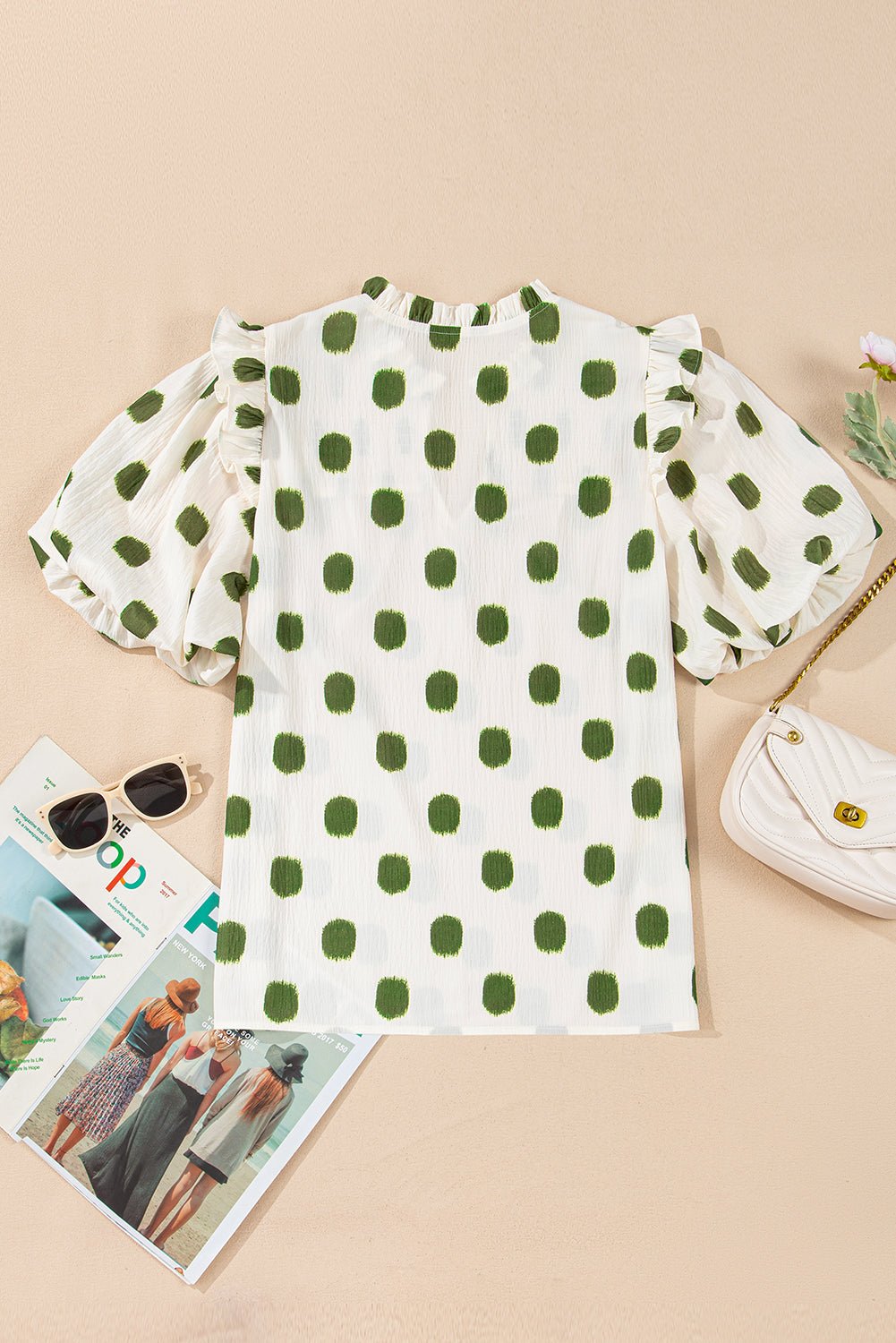 Polka Dot Shirred Notched Neck Balloon Sleeve Blouse - Rooted & Reckless Co.