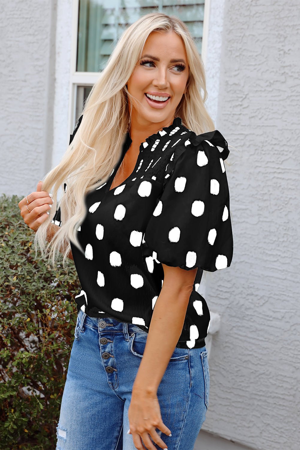 Polka Dot Shirred Notched Neck Balloon Sleeve Blouse - Rooted & Reckless Co.