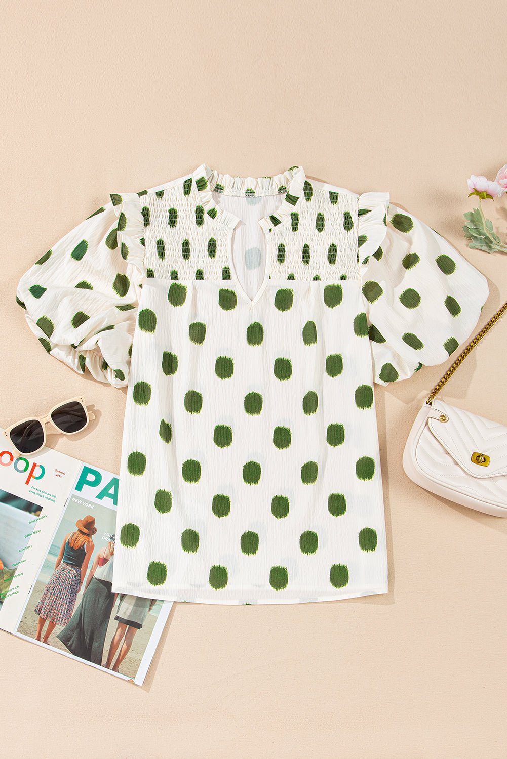 Polka Dot Shirred Notched Neck Balloon Sleeve Blouse - Rooted & Reckless Co.