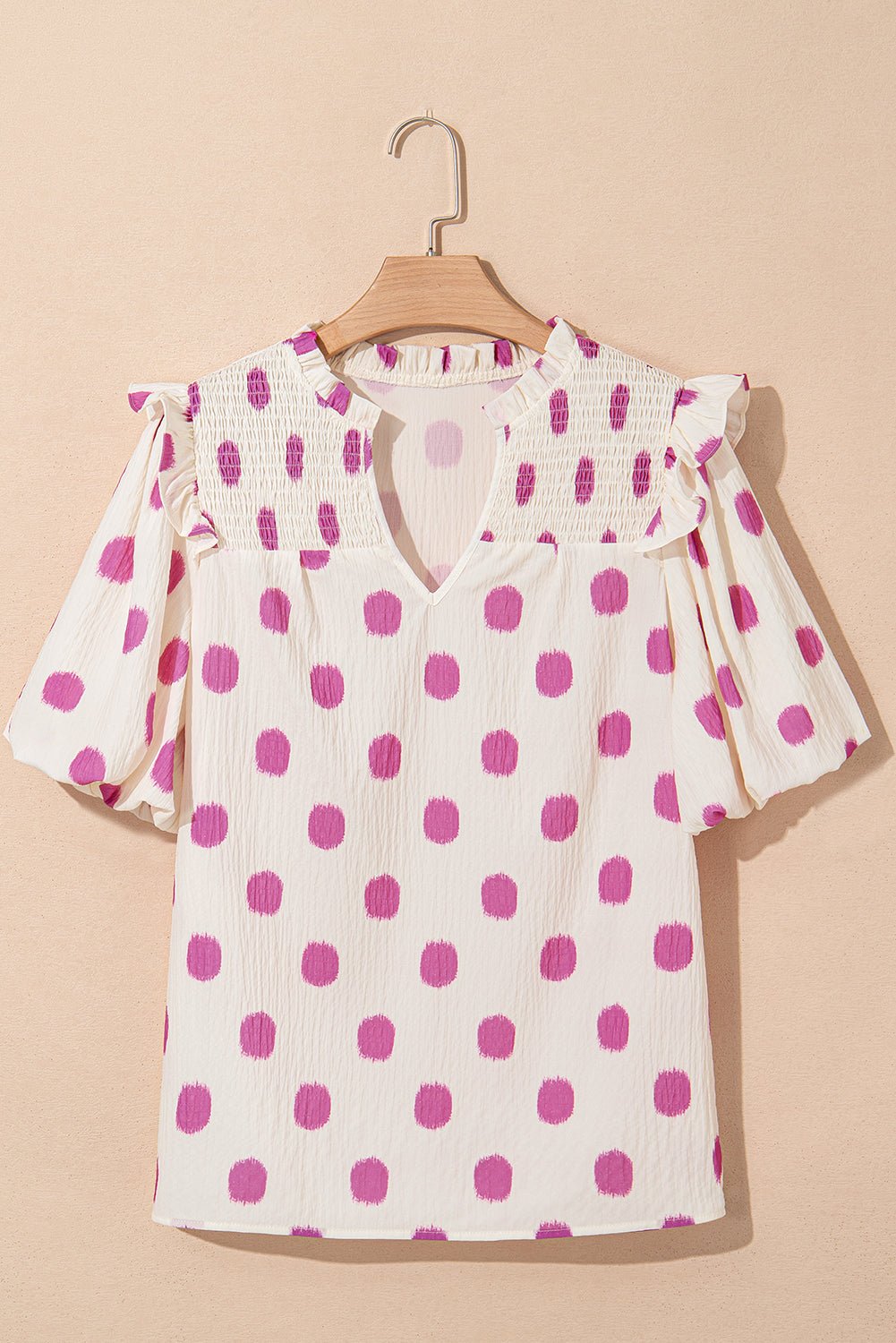 Polka Dot Shirred Notched Neck Balloon Sleeve Blouse - Rooted & Reckless Co.