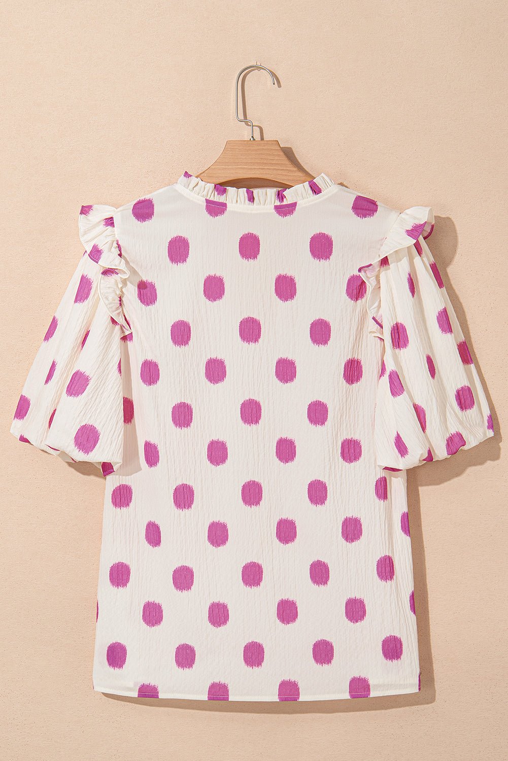 Polka Dot Shirred Notched Neck Balloon Sleeve Blouse - Rooted & Reckless Co.