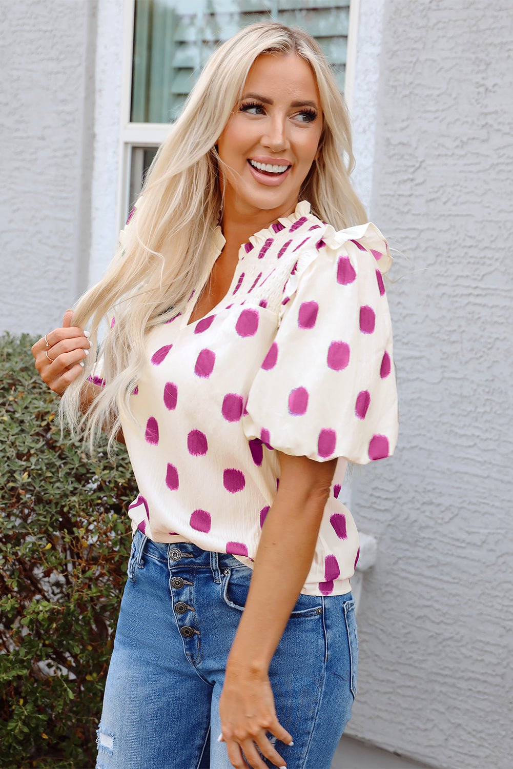Polka Dot Shirred Notched Neck Balloon Sleeve Blouse - Rooted & Reckless Co.