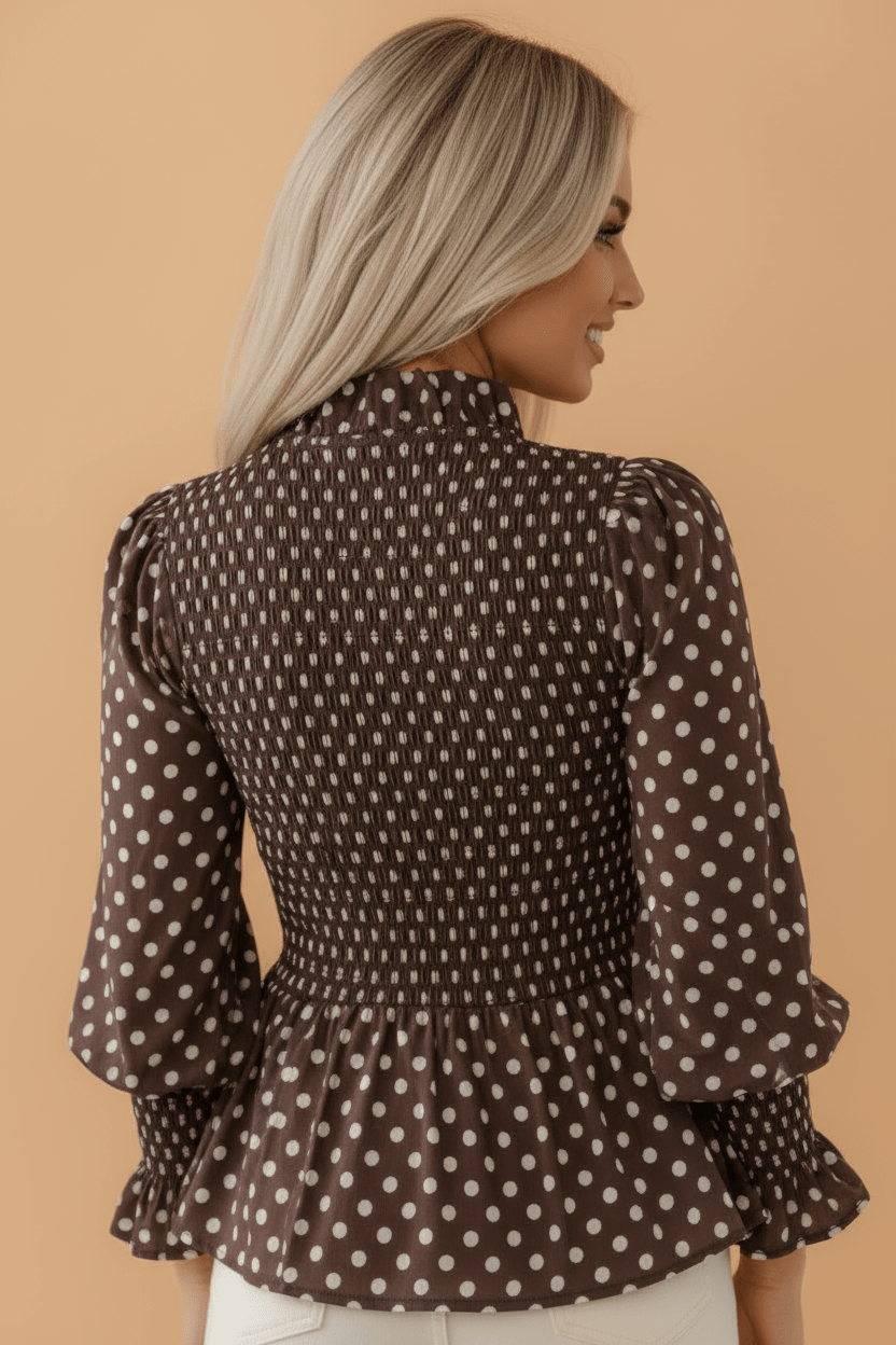 Polka Dot Shirred Ruffle Hem Long Sleeve Blouse - Rooted & Reckless Co.