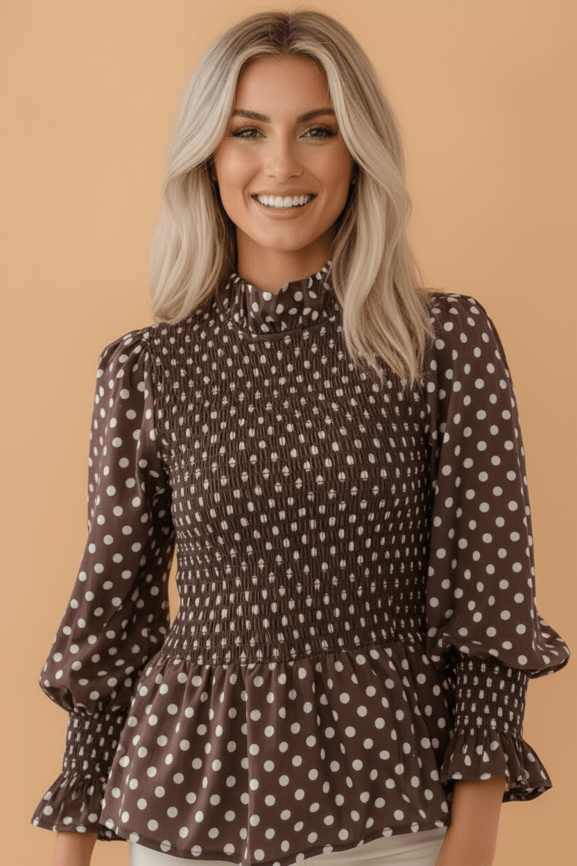 Polka Dot Shirred Ruffle Hem Long Sleeve Blouse - Rooted & Reckless Co.