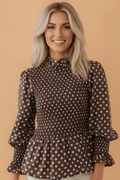 Polka Dot Shirred Ruffle Hem Long Sleeve Blouse - Rooted & Reckless Co.
