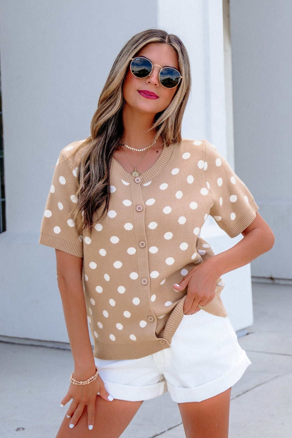 Polka Dot Short Sleeve Buttoned Sweater Cardigan - Rooted & Reckless Co.