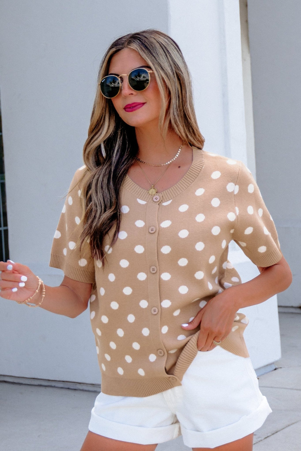 Polka Dot Short Sleeve Buttoned Sweater Cardigan - Rooted & Reckless Co.