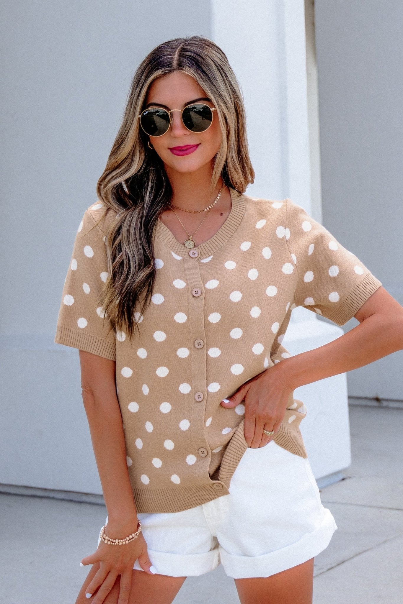 Polka Dot Short Sleeve Buttoned Sweater Cardigan - Rooted & Reckless Co.