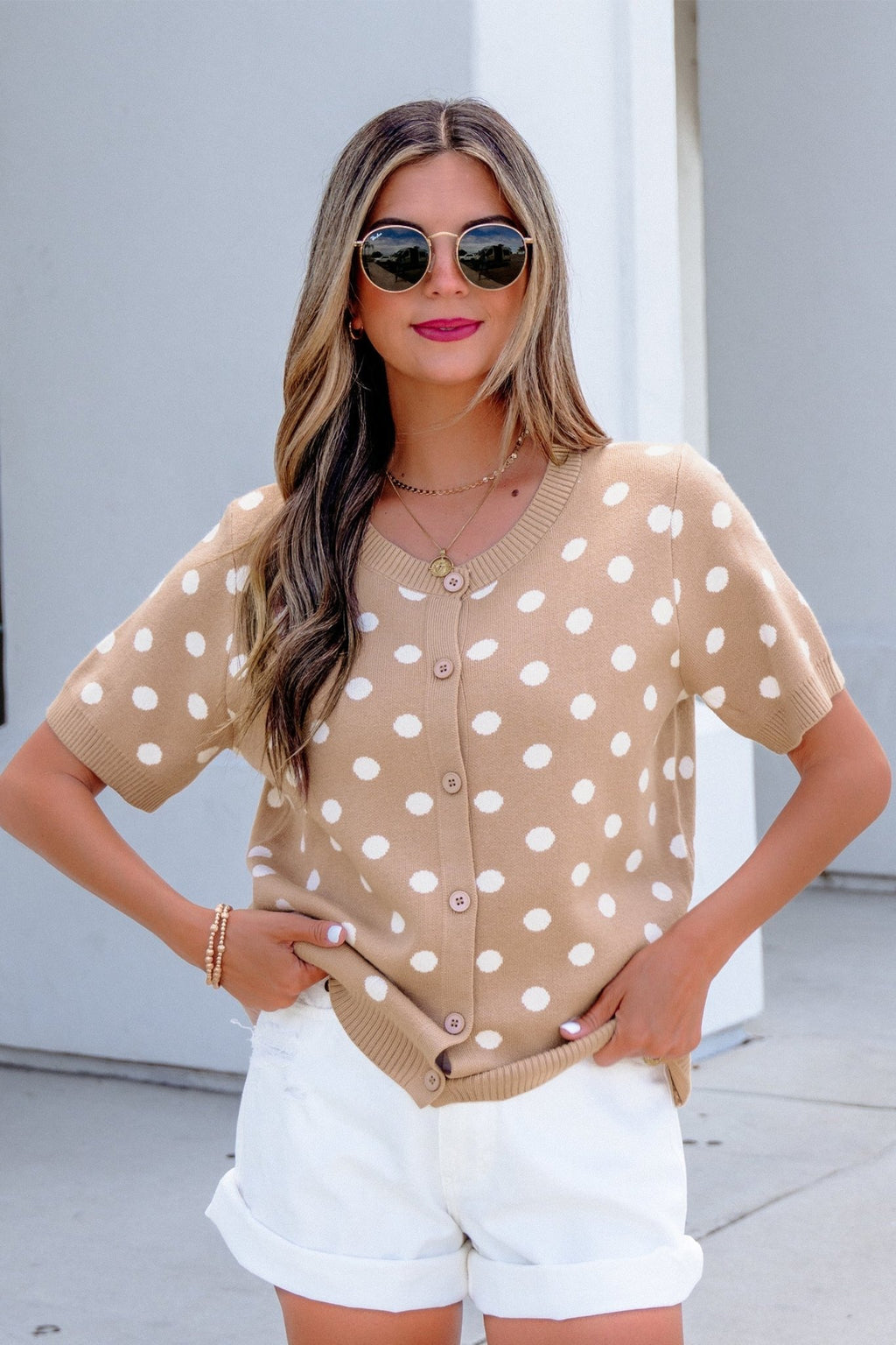 Polka Dot Short Sleeve Buttoned Sweater Cardigan - Rooted & Reckless Co.