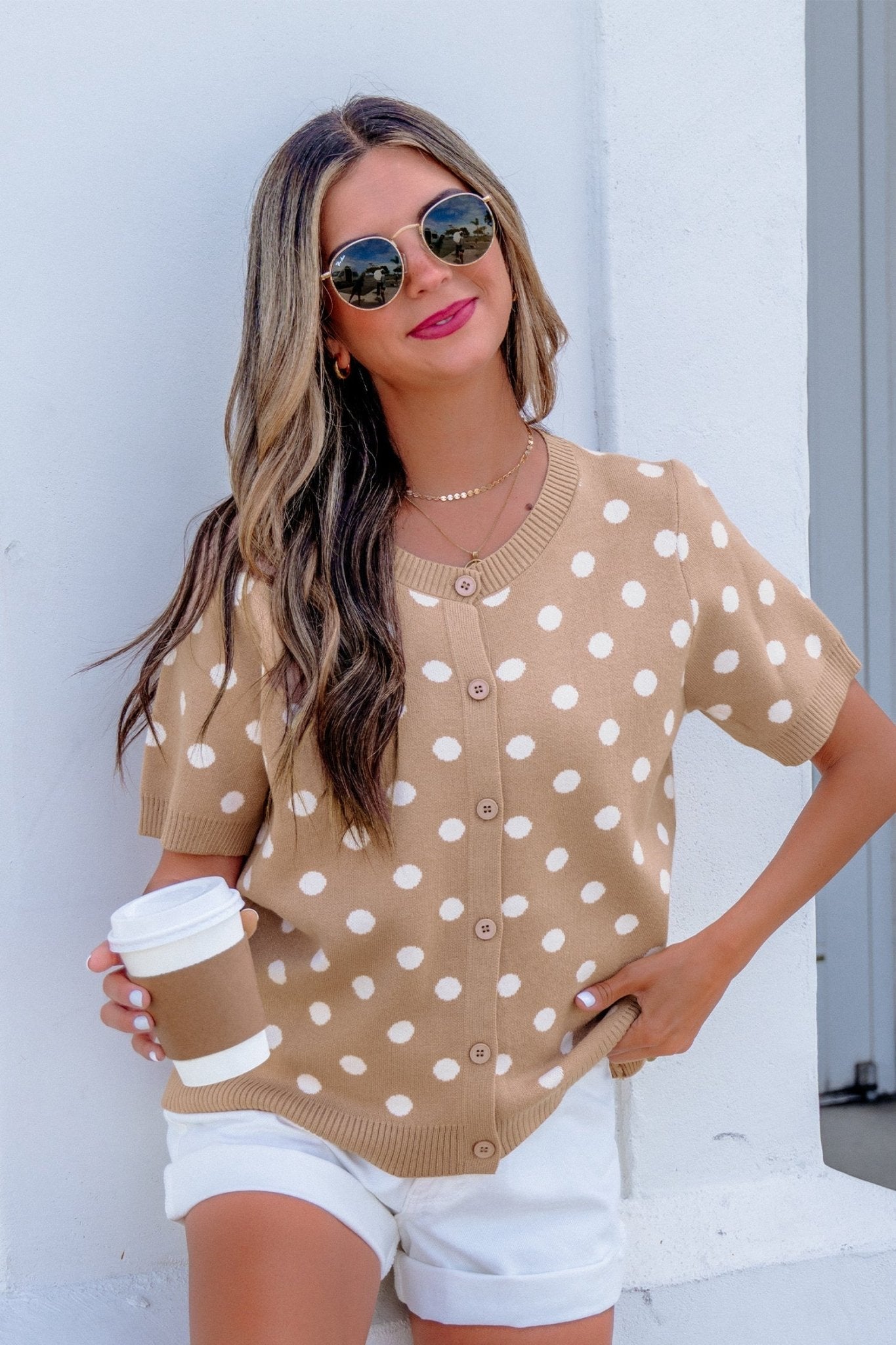 Polka Dot Short Sleeve Buttoned Sweater Cardigan - Rooted & Reckless Co.