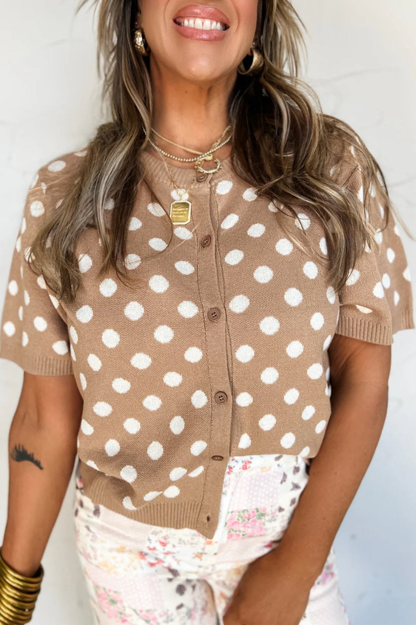 Polka Dot Short Sleeve Buttoned Sweater Cardigan - Rooted & Reckless Co.