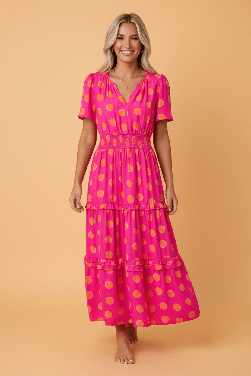Polka Dot Short Sleeve Shirred Waist Midi Dress - Rooted & Reckless Co.