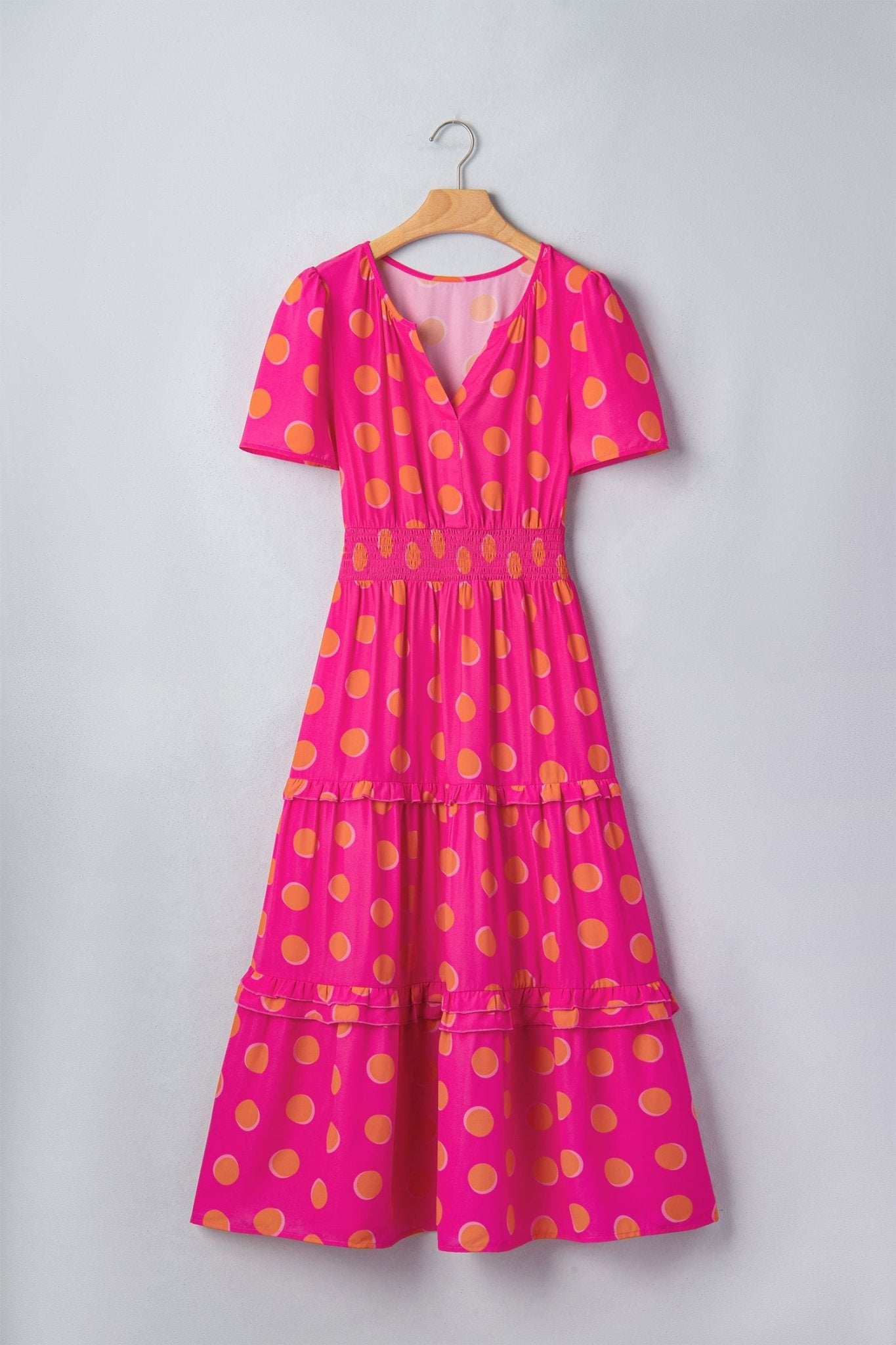 Polka Dot Short Sleeve Shirred Waist Midi Dress - Rooted & Reckless Co.
