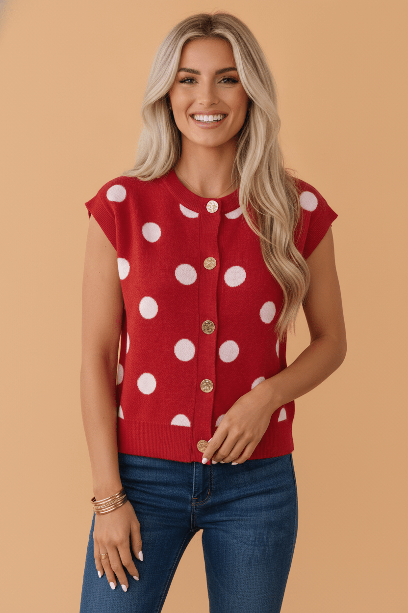 Polka Dot Sleeveless Buttoned Sweater Knit Top - Rooted & Reckless Co.