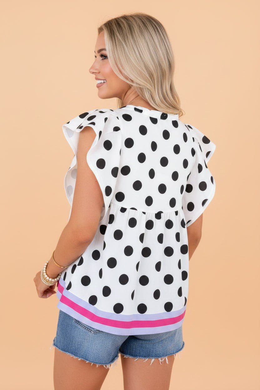 Polka Dot Stripe Patchwork Flutter Sleeve Babydoll Blouse - Rooted & Reckless Co.