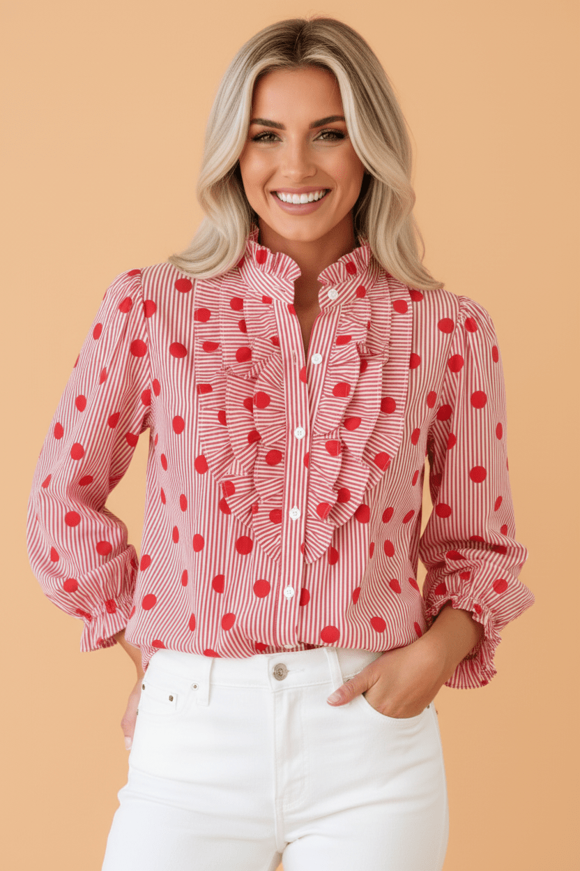 Polka Dot Stripe Ruffle 3/4 Sleeve Buttoned Shirt - Rooted & Reckless Co.