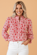 Polka Dot Stripe Ruffle 3/4 Sleeve Buttoned Shirt - Rooted & Reckless Co.
