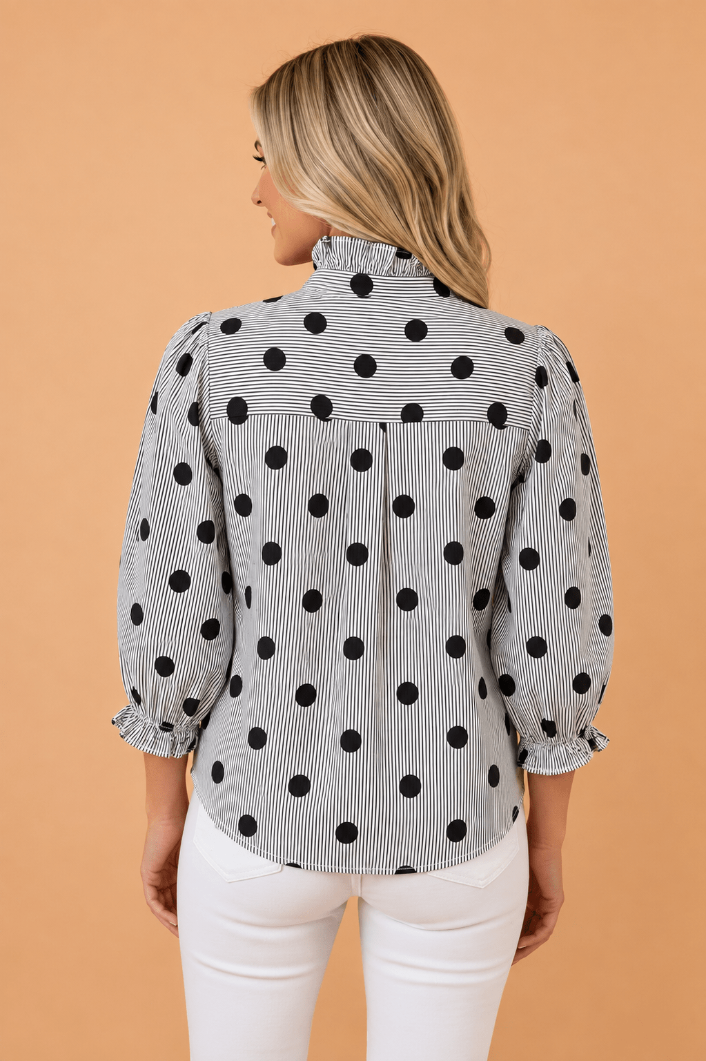 Polka Dot Stripe Ruffle 3/4 Sleeve Buttoned Shirt - Rooted & Reckless Co.