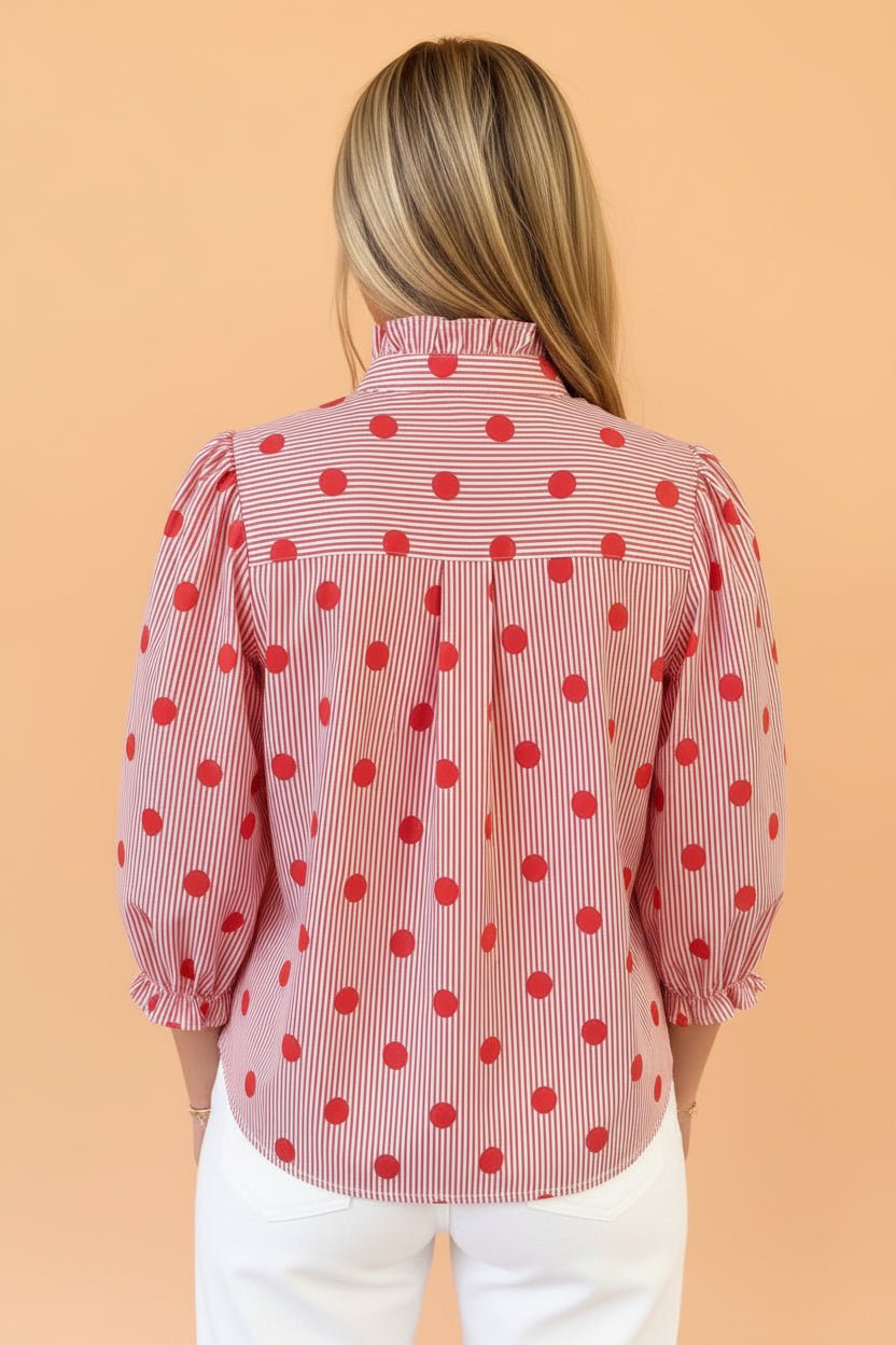 Polka Dot Stripe Ruffle 3/4 Sleeve Buttoned Shirt - Rooted & Reckless Co.