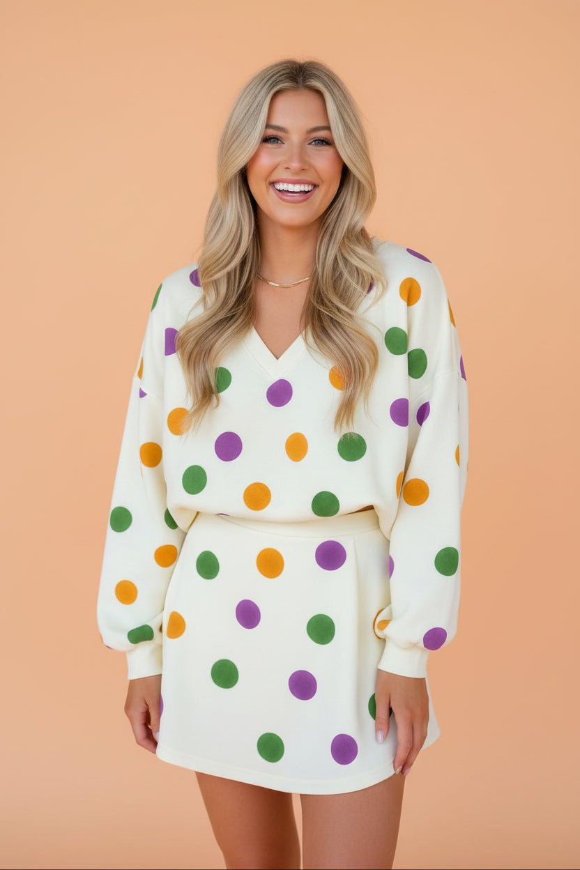 Polka Dot V-Neck Pullover and Mini Skort Set - Rooted & Reckless Co.