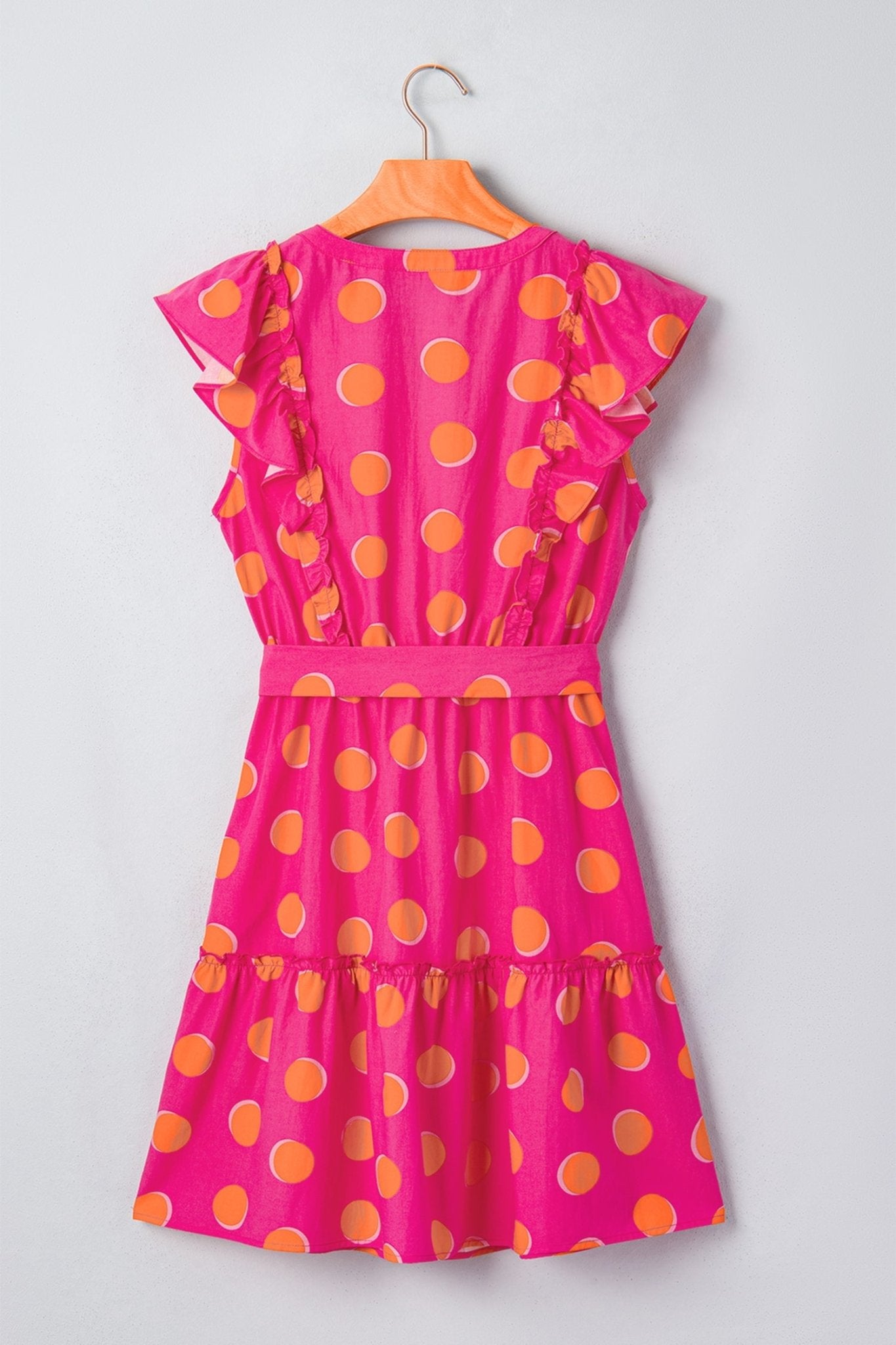 Polka Dot V-Neck Ruffle Belted Mini Dress - Rooted & Reckless Co.