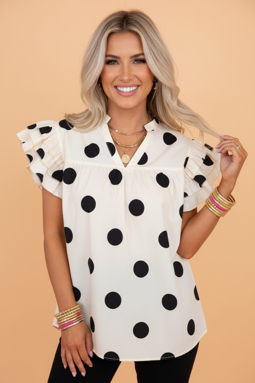Polka Dot V-Neck Ruffle Short Sleeve Blouse - Rooted & Reckless Co.