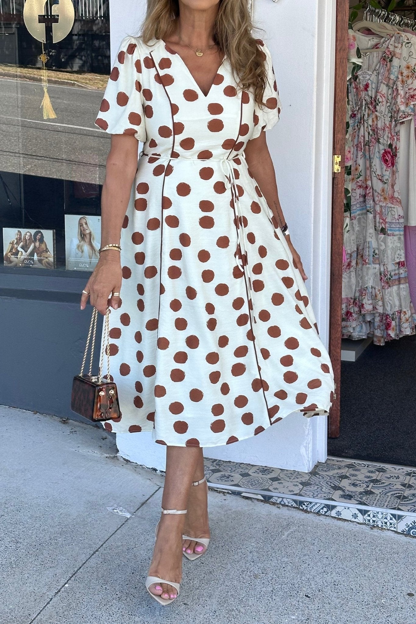 Polka Dot V-Neck Short Sleeve Midi Dress - Rooted & Reckless Co.