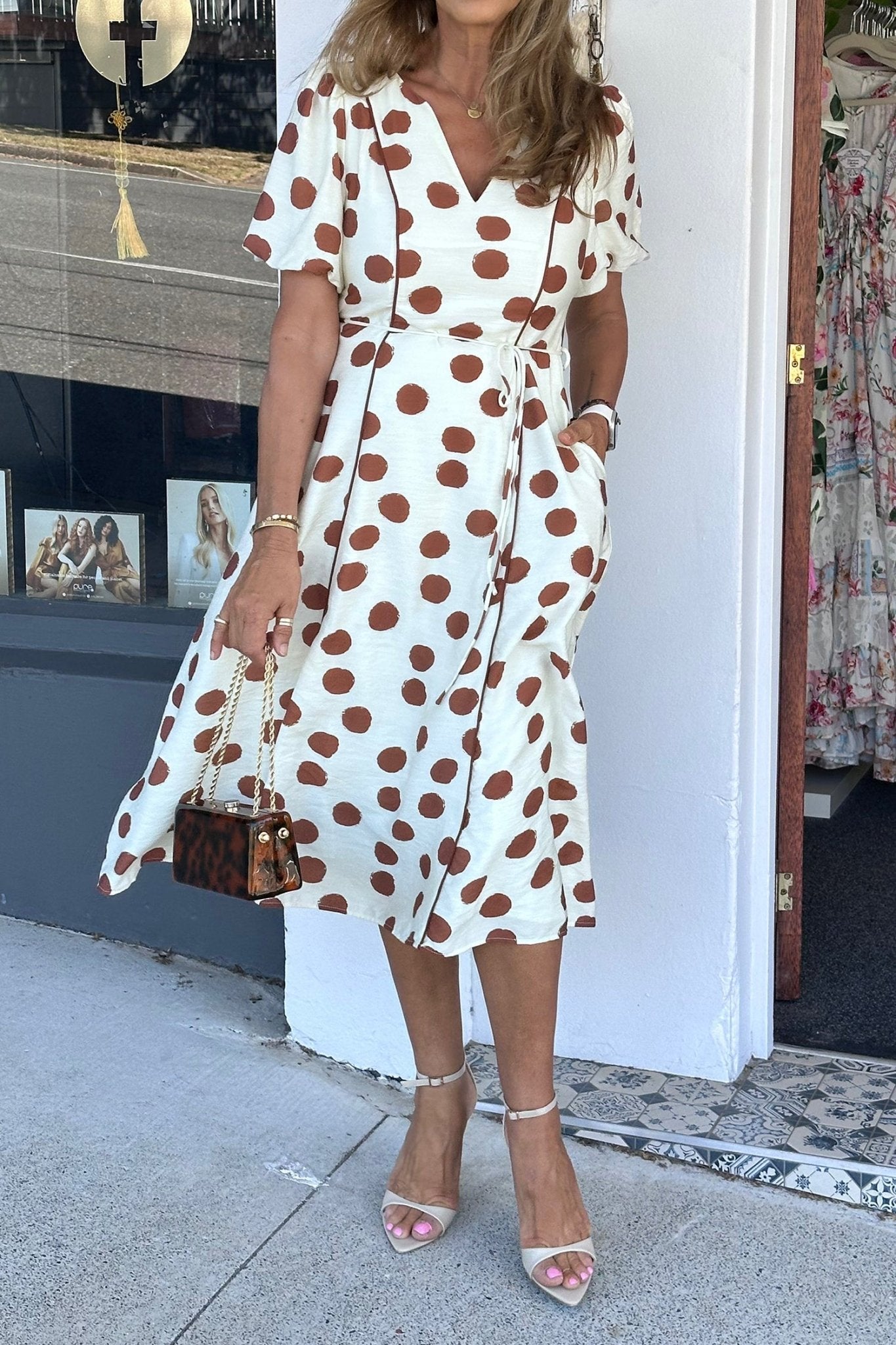 Polka Dot V-Neck Short Sleeve Midi Dress - Rooted & Reckless Co.