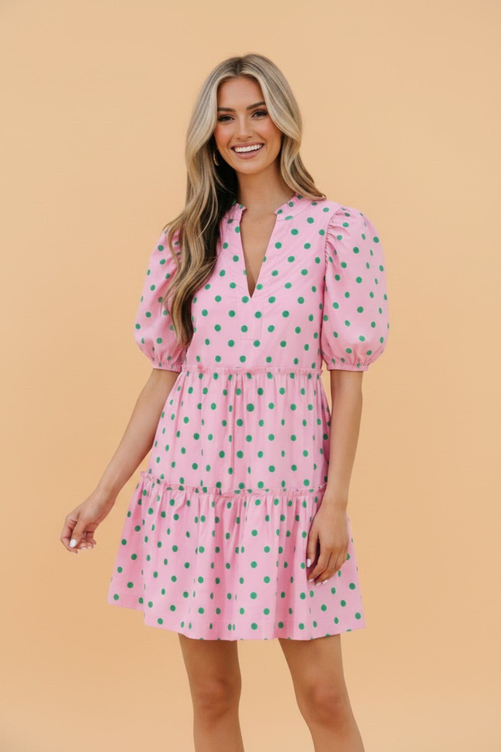Polka Dot V-Neck Short Sleeve Tiered Mini Dress - Rooted & Reckless Co.
