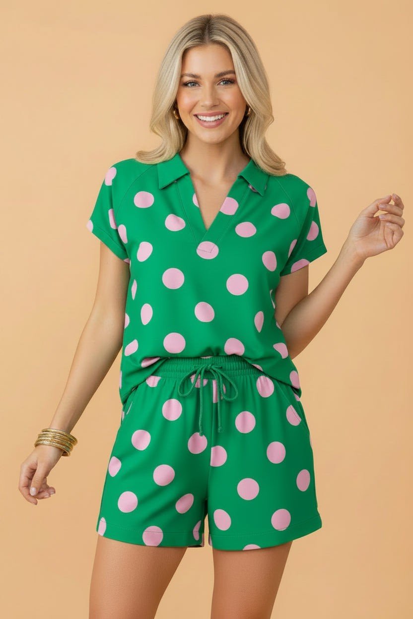 Polka Dot V-Neck Tee & Drawstring Shorts Set - Rooted & Reckless Co.