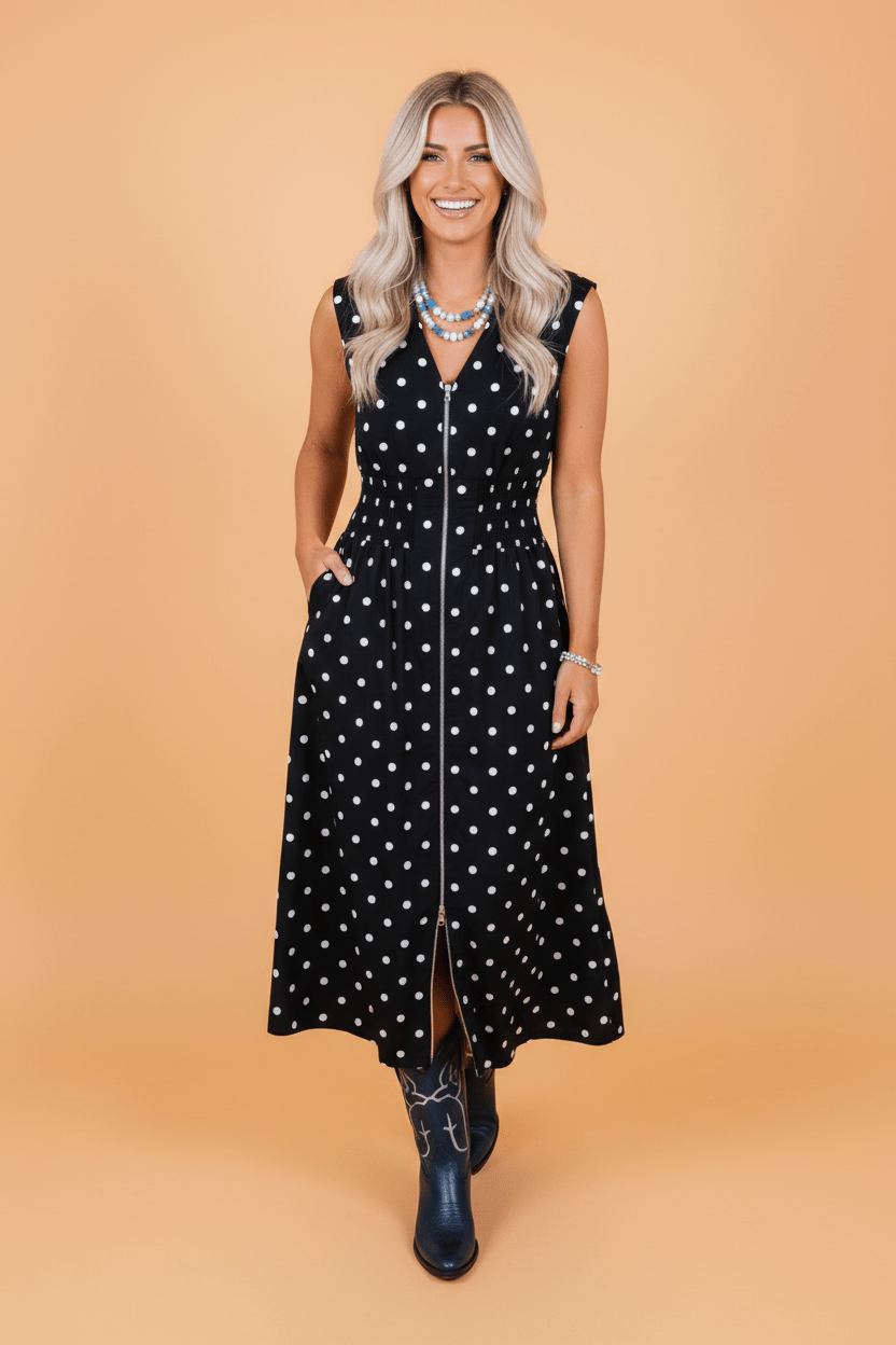 Polka Dot Zip Up V-Neck Sleeveless Dress - Rooted & Reckless Co.