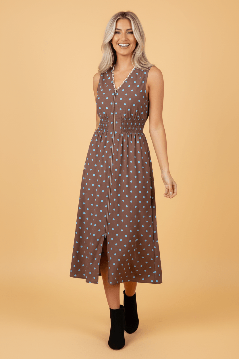 Polka Dot Zip Up V-Neck Sleeveless Dress - Rooted & Reckless Co.